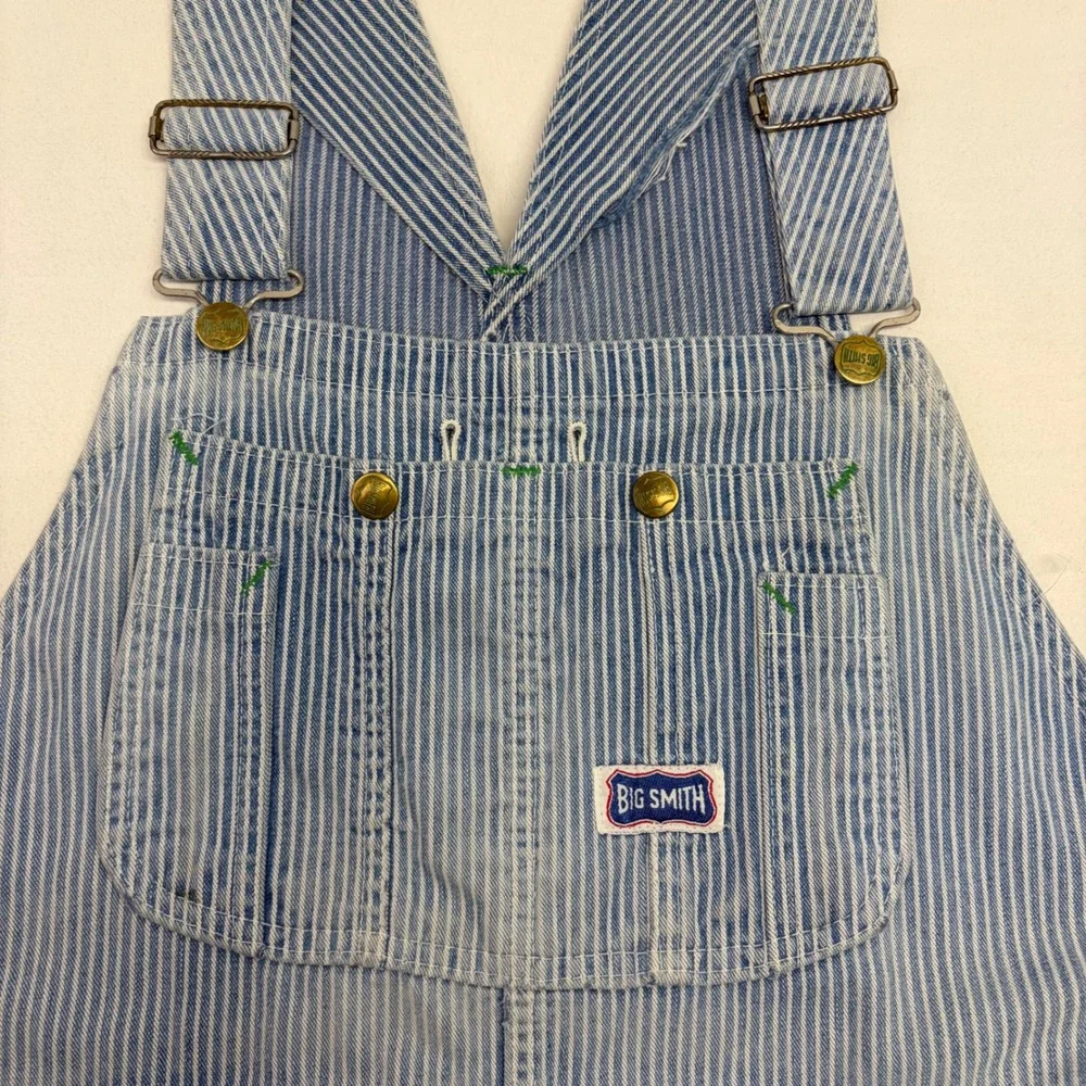 Vintage Big Smith Overalls Mens 38x27 Hickory Stripe Denim Blue White Workwear